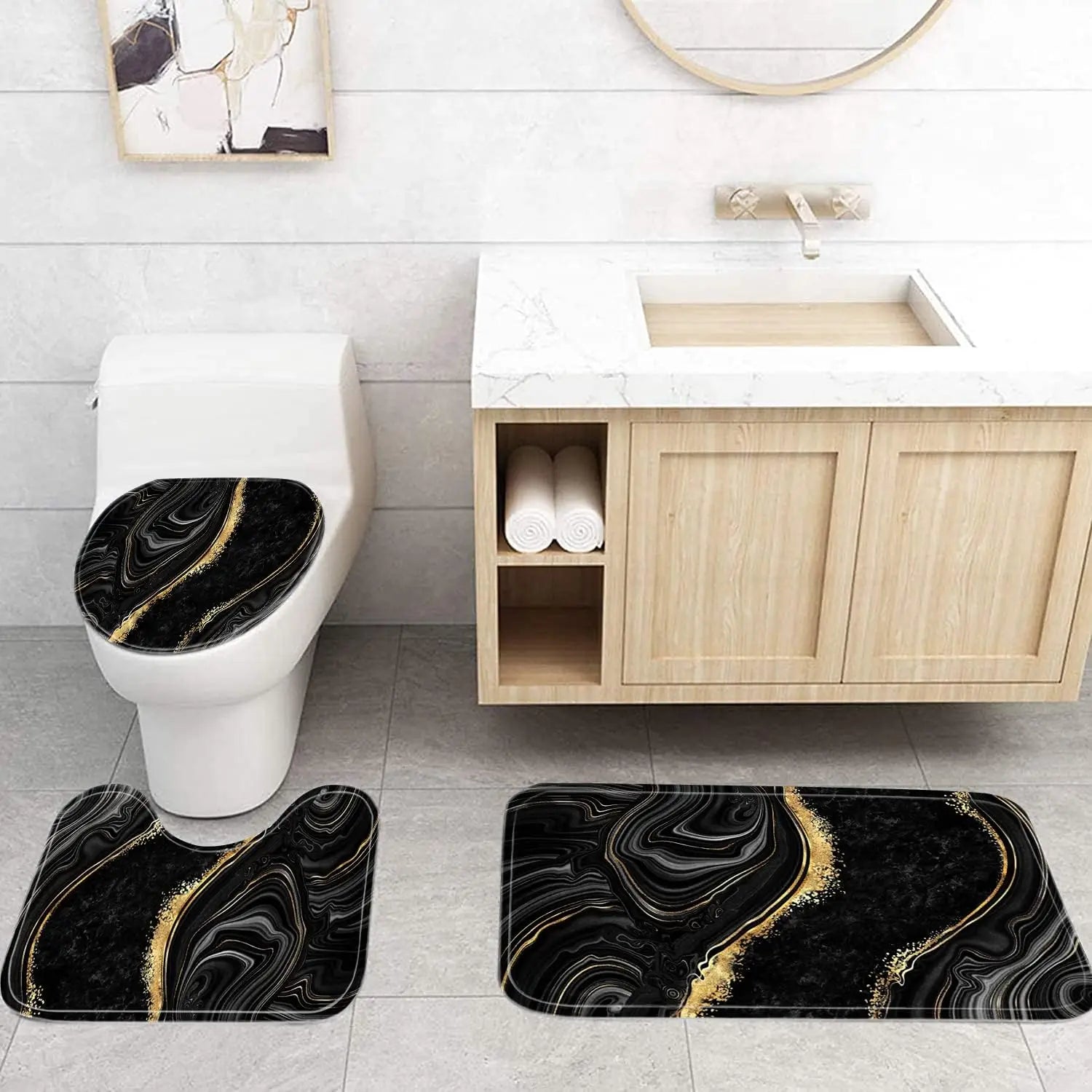 4-Piece Black Marble Shower Curtain Set with Gold Rugs, Modern Abstract Bathroom Decor Accessories Including Toilet Lid Cover