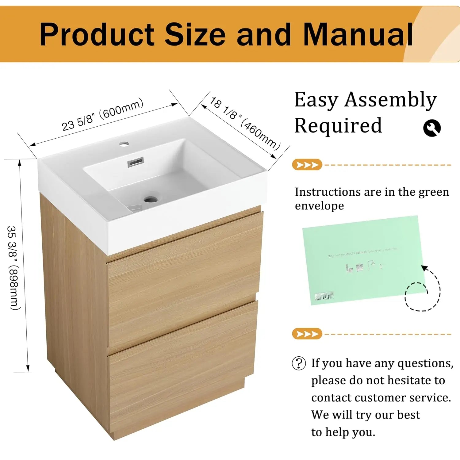 24 Inch Freestanding Bathroom Vanity with Resin Sink, Double Drawer Soft Close Storage Cabinet Basin Top Combo,, Customized