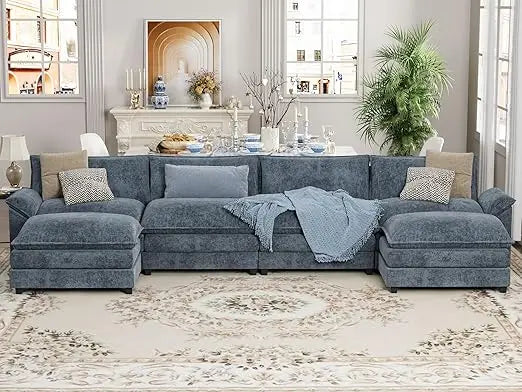Sectional Modular Sofa U Shaped Chenille Fabric Couch with High Supportive & Soft Sponges and Removable Ottoman, Sleeper Comfy