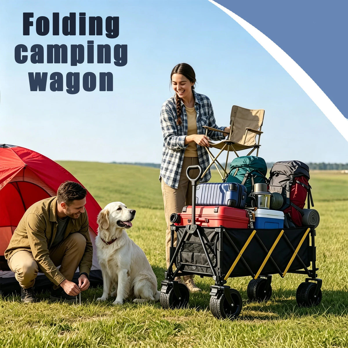 Foldable Utility Wagon Cart, Collapsible All‑Terrain Hand Wagon, Portable Heavy‑Duty Grocery Shopping Cart for Beach Camping Picnic Garden Outdoor Travel