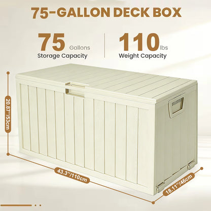 75 Gallon Resin Outdoor Storage Box Waterproof Deck Box，Waterproof Outdoor Storage Box with Bottom Pulleys, for Patio Furniture