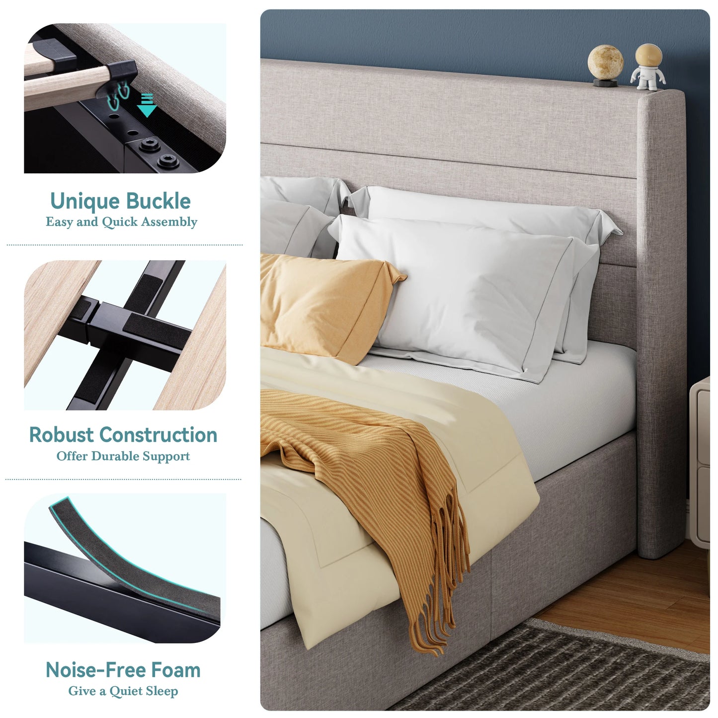 HOOMIC Lift Up Storage Bed With Wingback Headboard Hydraulic Lift