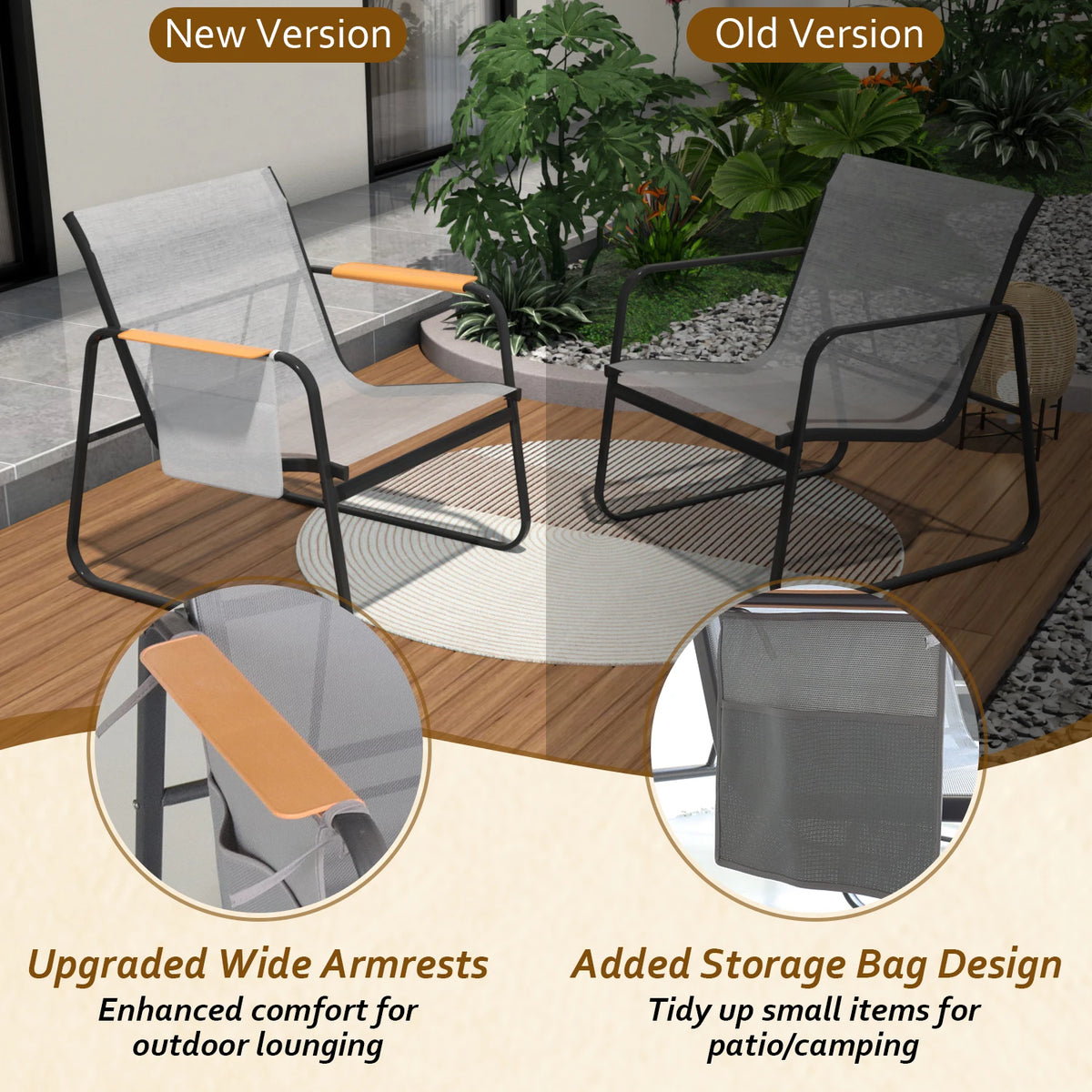 6-Piece Textilene Patio Conversation Set, Outdoor Chairs with Wide Armrests &amp; Side Storage Pockets, 2 Glass Top Side Tables, Weather Resistant Metal Frame for Backyard Poolside Garden Deck