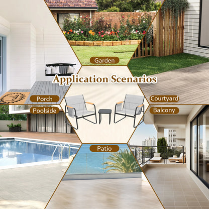6-Piece Textilene Patio Conversation Set, Outdoor Chairs with Wide Armrests &amp; Side Storage Pockets, 2 Glass Top Side Tables, Weather Resistant Metal Frame for Backyard Poolside Garden Deck