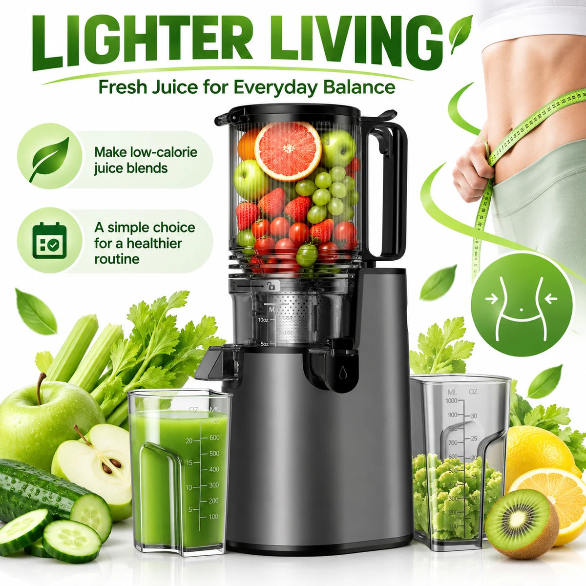 5.4" Large Feed Chute Slow Masticating Juicer, 350W Cold Press Juicer Machines for Whole Fruits &amp; Veggies, 50RPM Quiet Juicer Extractor, Easy to Clean, 2 Color Options, BPA-Free for Home Fresh Juice