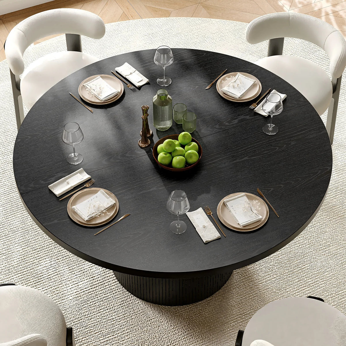 ONBRILL Modern Round Fluted Wood Dining Table for Home Furniture