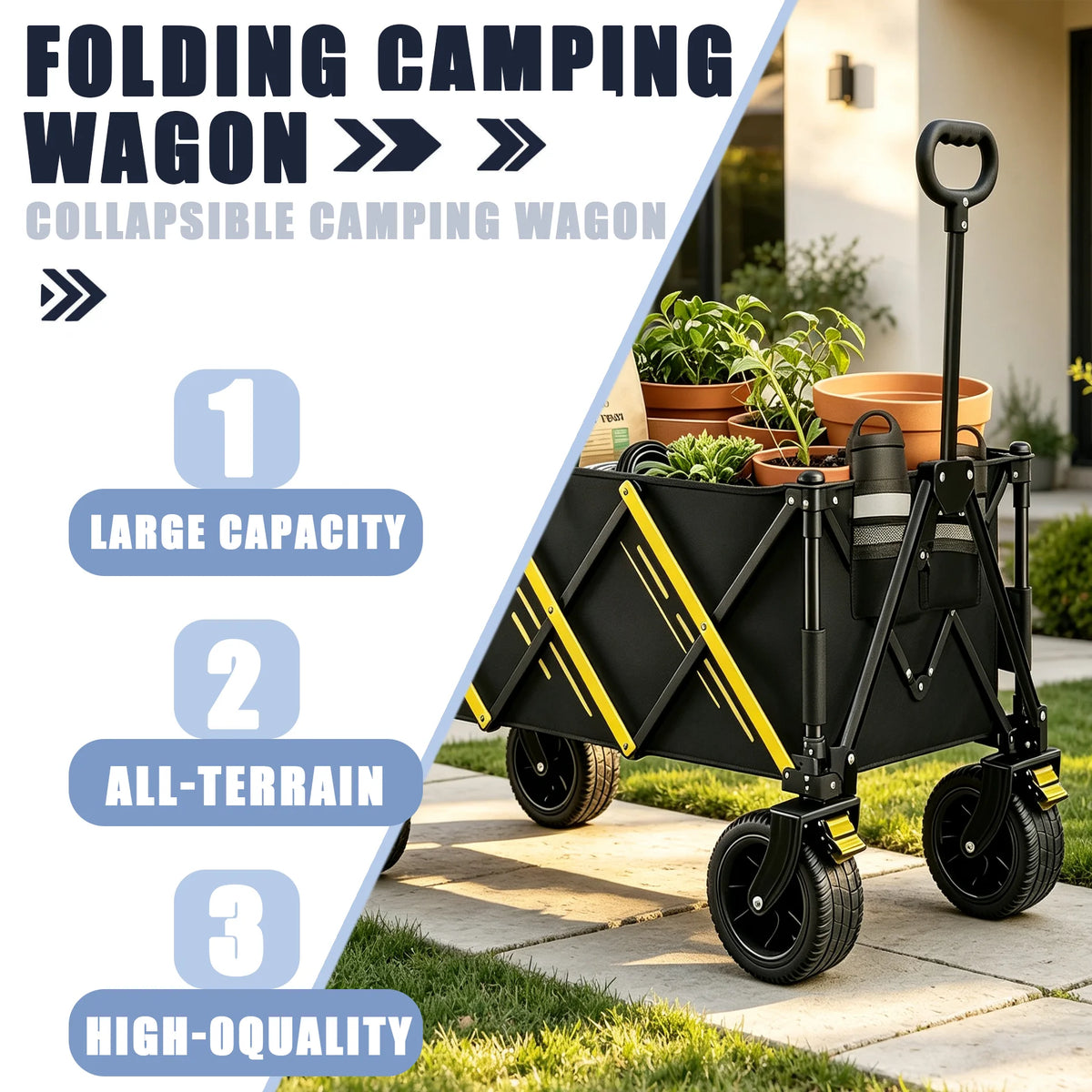 Foldable Utility Wagon Cart, Collapsible All‑Terrain Hand Wagon, Portable Heavy‑Duty Grocery Shopping Cart for Beach Camping Picnic Garden Outdoor Travel