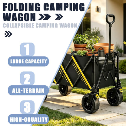 Foldable Utility Wagon Cart, Collapsible All‑Terrain Hand Wagon, Portable Heavy‑Duty Grocery Shopping Cart for Beach Camping Picnic Garden Outdoor Travel
