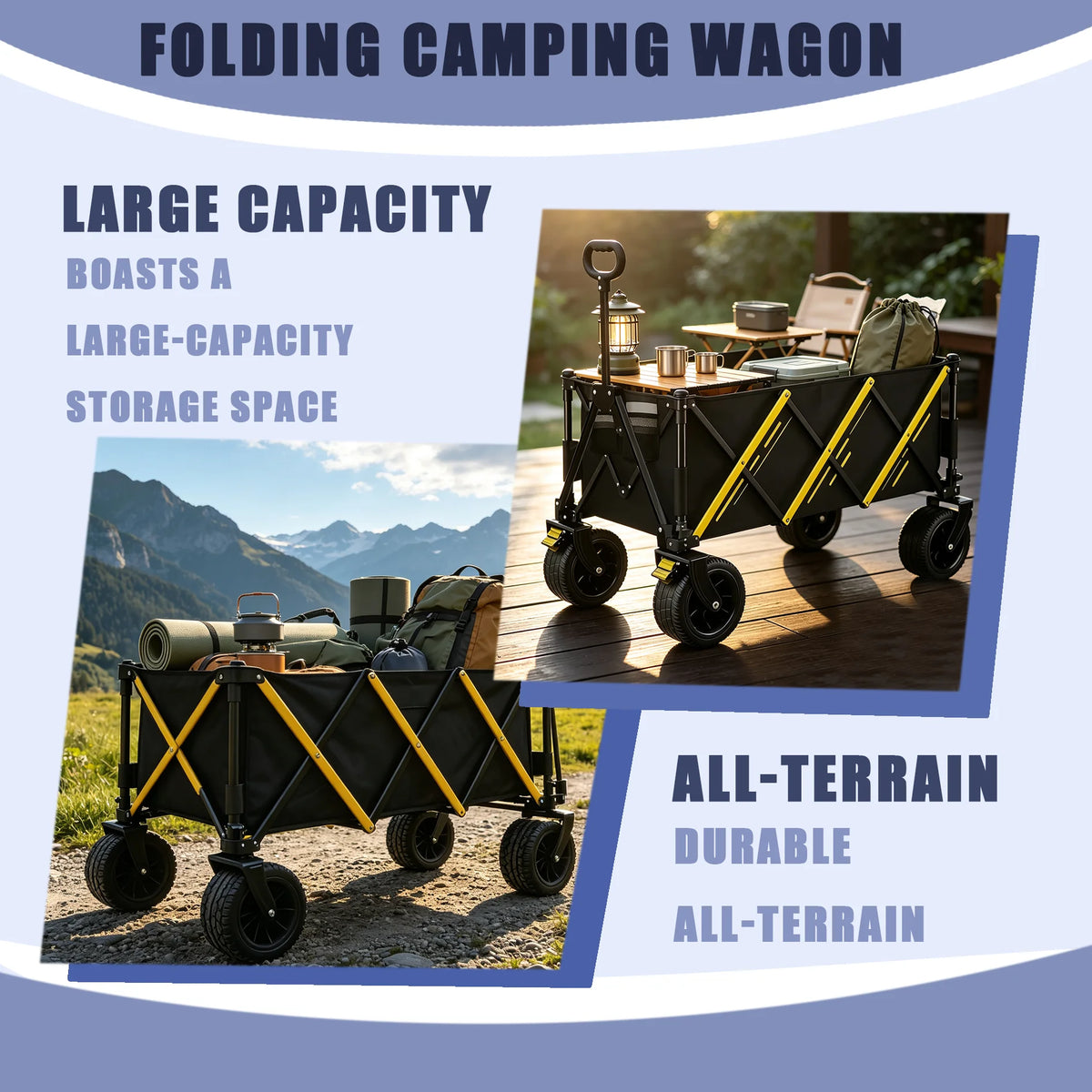 Foldable Utility Wagon Cart, Collapsible All‑Terrain Hand Wagon, Portable Heavy‑Duty Grocery Shopping Cart for Beach Camping Picnic Garden Outdoor Travel