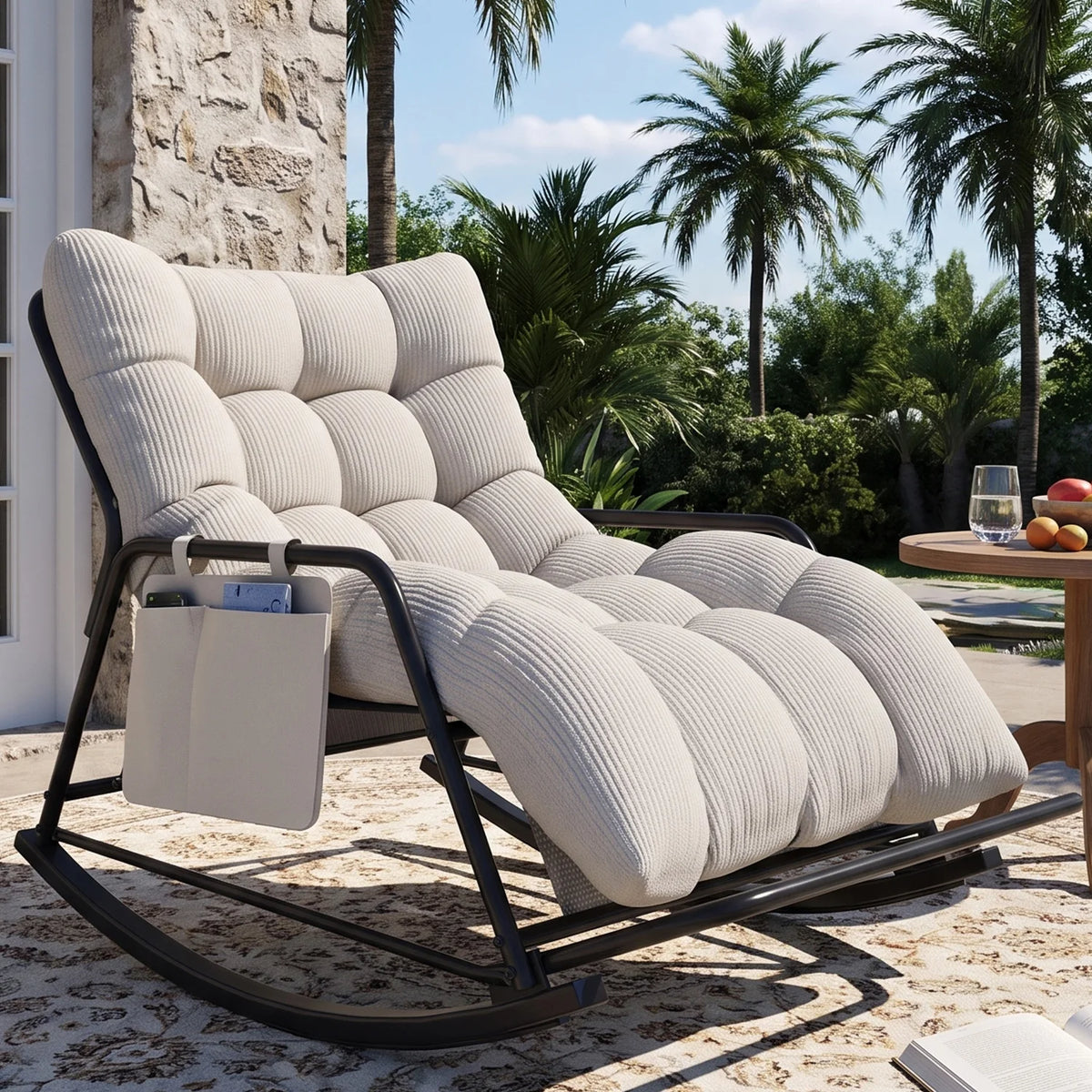 Oversized Long Cushion Rocking Chair with Low Armrest and Fixed Crossbar Footrest, Daily Leisure Patio Furniture, Multi-scene Outdoor Furniture, Practical Outdoor Patio Furniture Set