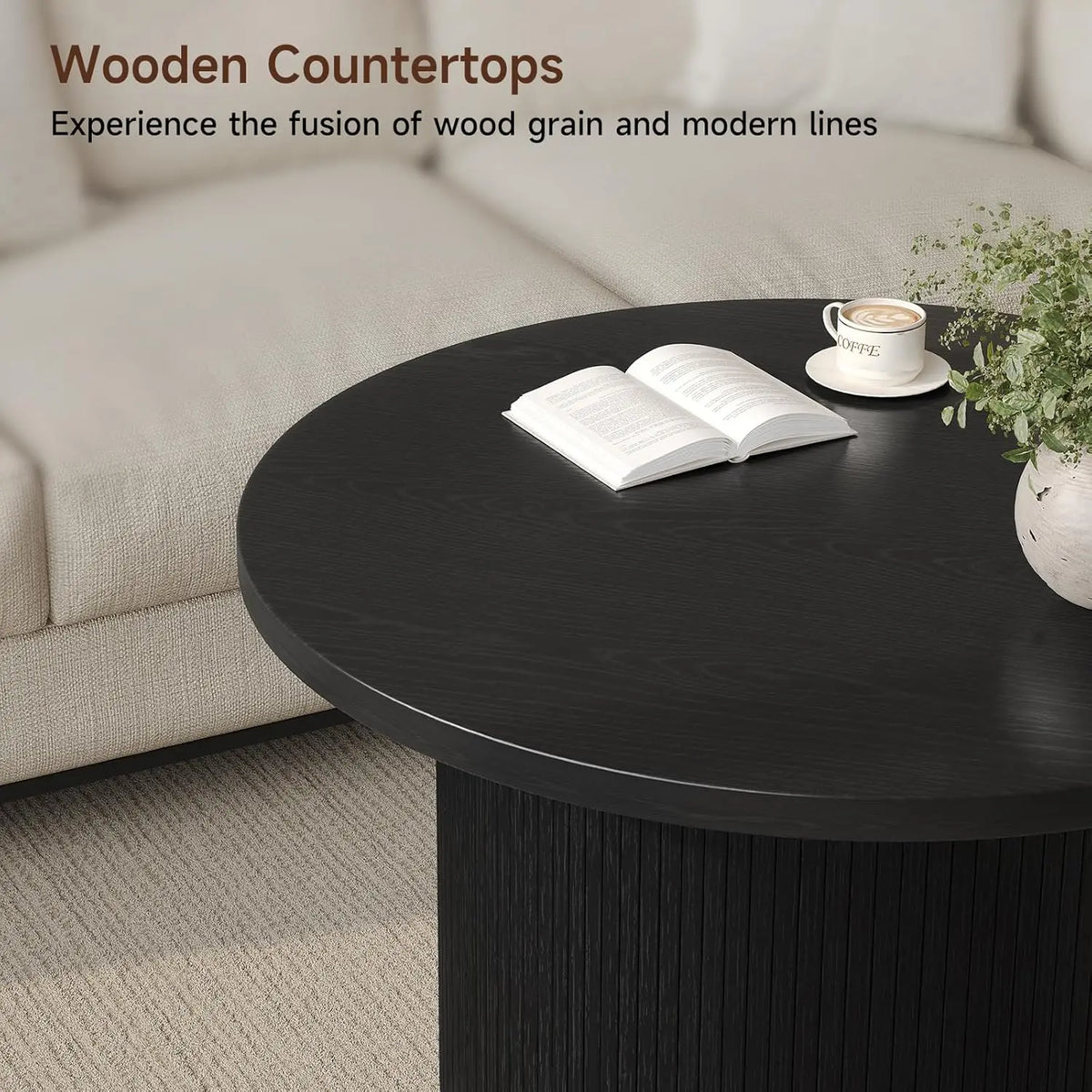 ONBRILL Modern Round Coffee Table With Fluted Tambour Drum Design