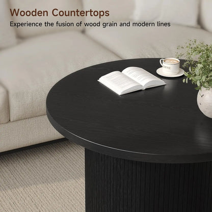 ONBRILL Modern Round Coffee Table With Fluted Tambour Drum Design