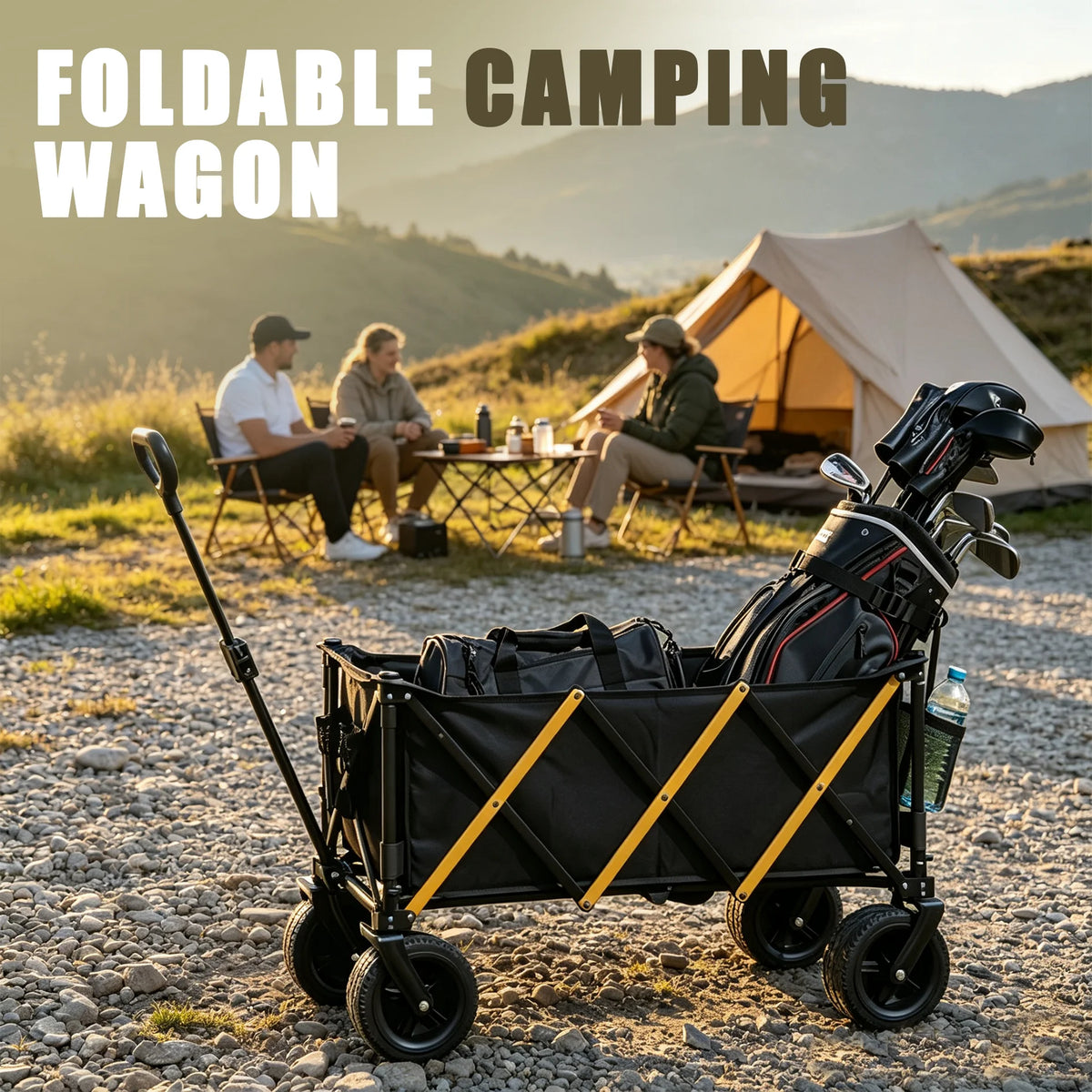 Foldable Utility Wagon Cart, Collapsible All‑Terrain Hand Wagon, Portable Heavy‑Duty Grocery Shopping Cart for Beach Camping Picnic Garden Outdoor Travel