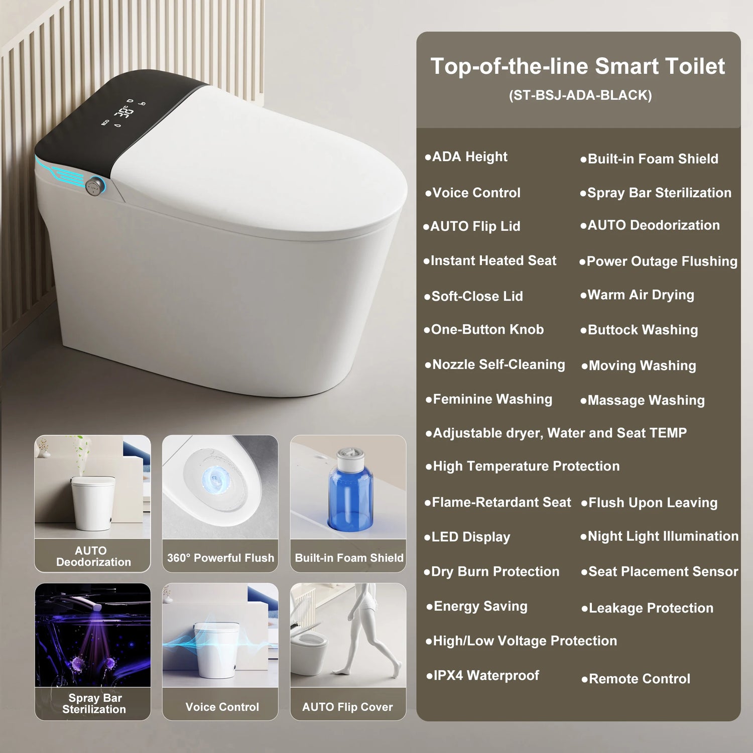 Elongated Smart Toilet with Bidet Built in, Foam Dispenser, Voice Control, One-Piece Bidet Toilet with Warm Water and Dryer
