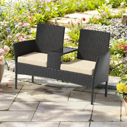 1 Piece Wicker Double Seat Patio Loveseat with Built-in Middle Tea Table, Cushioned Weatherproof Patio Furniture, Comfort Leisure Outdoor Furniture, Sturdy Outdoor Patio Furniture Set for Balcony Porch Garden