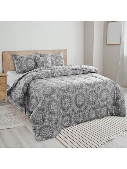 LUX Décor Reversible 5pc Comforter Set, Printed Bedding Set, Microfiber Bed in a Bag, Includes 1 Comforter, 2 Pillow Shams