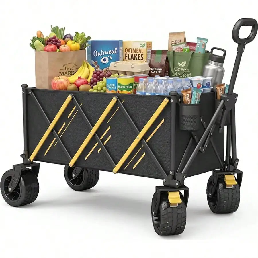 Foldable Utility Wagon Cart, Collapsible All‑Terrain Hand Wagon, Portable Heavy‑Duty Grocery Shopping Cart for Beach Camping Picnic Garden Outdoor Travel