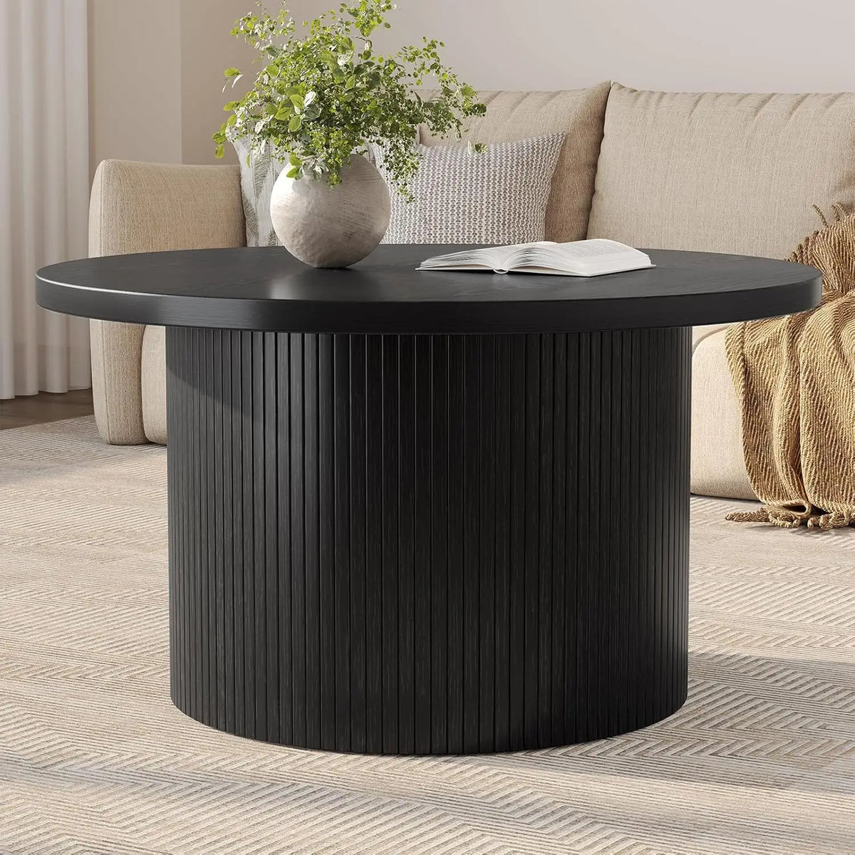 ONBRILL Modern Round Coffee Table With Fluted Tambour Drum Design