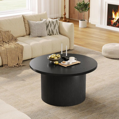 ONBRILL Modern Round Coffee Table With Fluted Tambour Drum Design