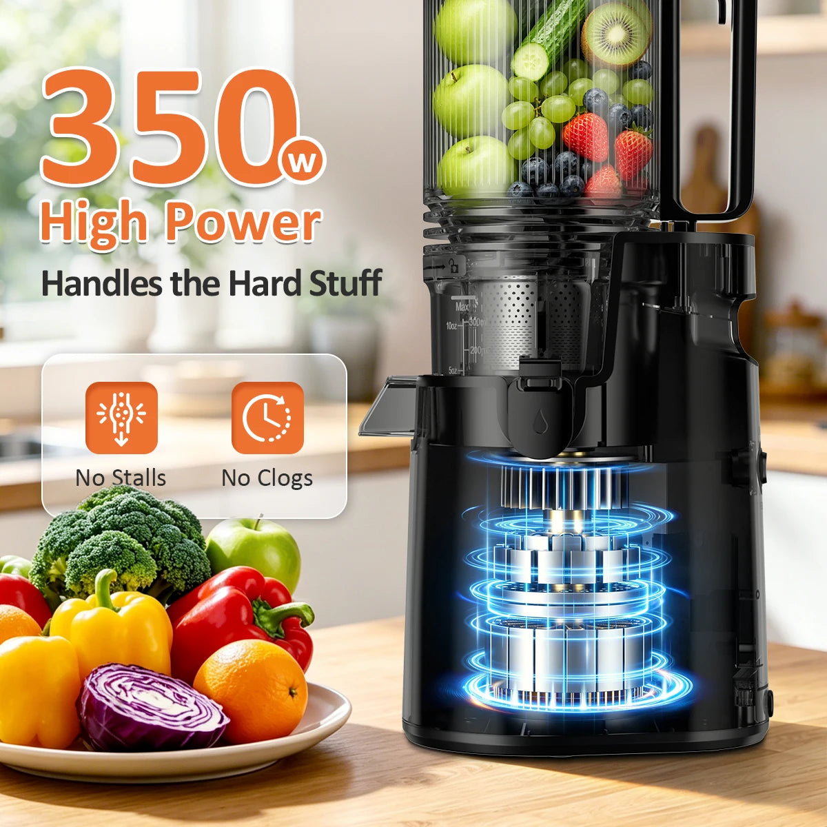 5.4" Large Feed Chute Slow Masticating Juicer, 350W Cold Press Juicer Machines for Whole Fruits &amp; Veggies, 50RPM Quiet Juicer Extractor, Easy to Clean, 2 Color Options, BPA-Free for Home Fresh Juice