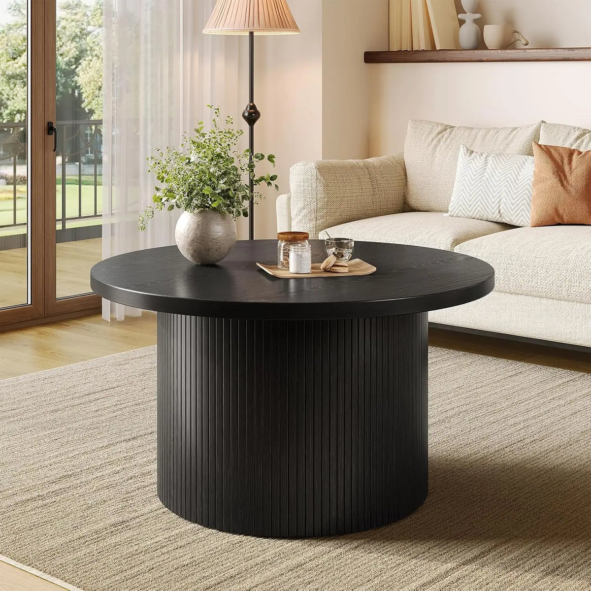 ONBRILL Modern Round Coffee Table With Fluted Tambour Drum Design