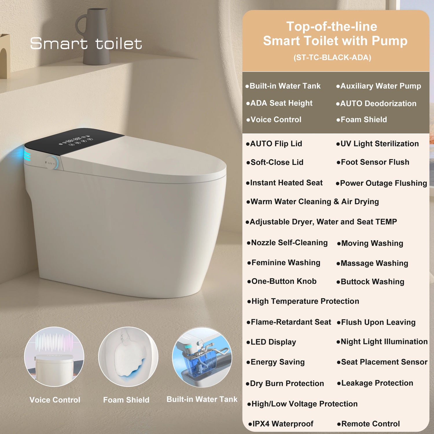 Smart Toilet with Built-in Bidet, AUTO Open/Close, Warm Water Sprayer, AUTO Dual Flush, Heated Bidet Toilet Seat for Bathrooms