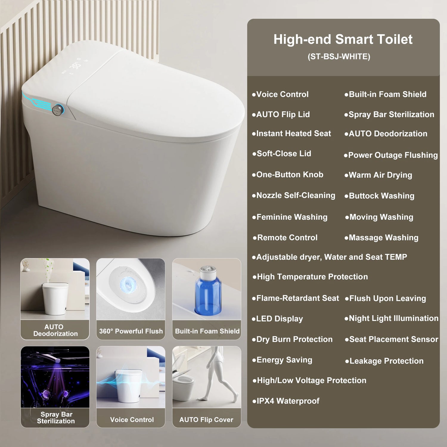 Elongated Smart Toilet with Bidet Built in, Foam Dispenser, Voice Control, One-Piece Bidet Toilet with Warm Water and Dryer