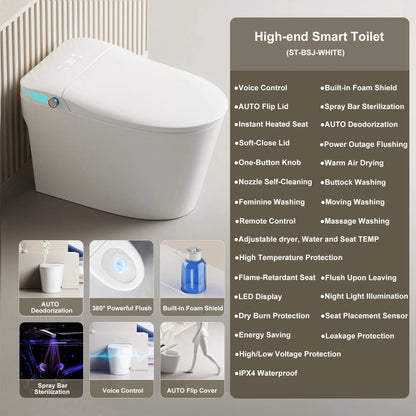 Elongated Smart Toilet with Bidet Built in, Foam Dispenser, Voice Control, One-Piece Bidet Toilet with Warm Water and Dryer