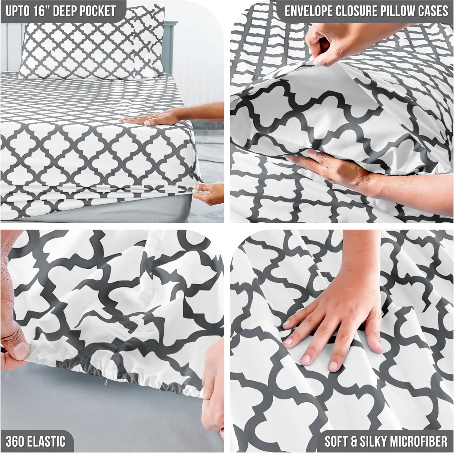 Lux Décor 4Pc Quatrefoil Sheet Set – Soft Microfiber, Wrinkle-Free, Luxurious Printed Bed Sheets