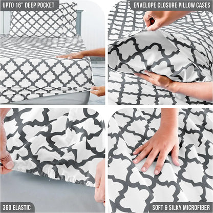 Lux Décor 4Pc Quatrefoil Sheet Set – Soft Microfiber, Wrinkle-Free, Luxurious Printed Bed Sheets