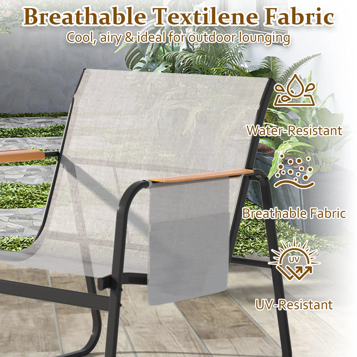 6-Piece Textilene Patio Conversation Set, Outdoor Chairs with Wide Armrests &amp; Side Storage Pockets, 2 Glass Top Side Tables, Weather Resistant Metal Frame for Backyard Poolside Garden Deck