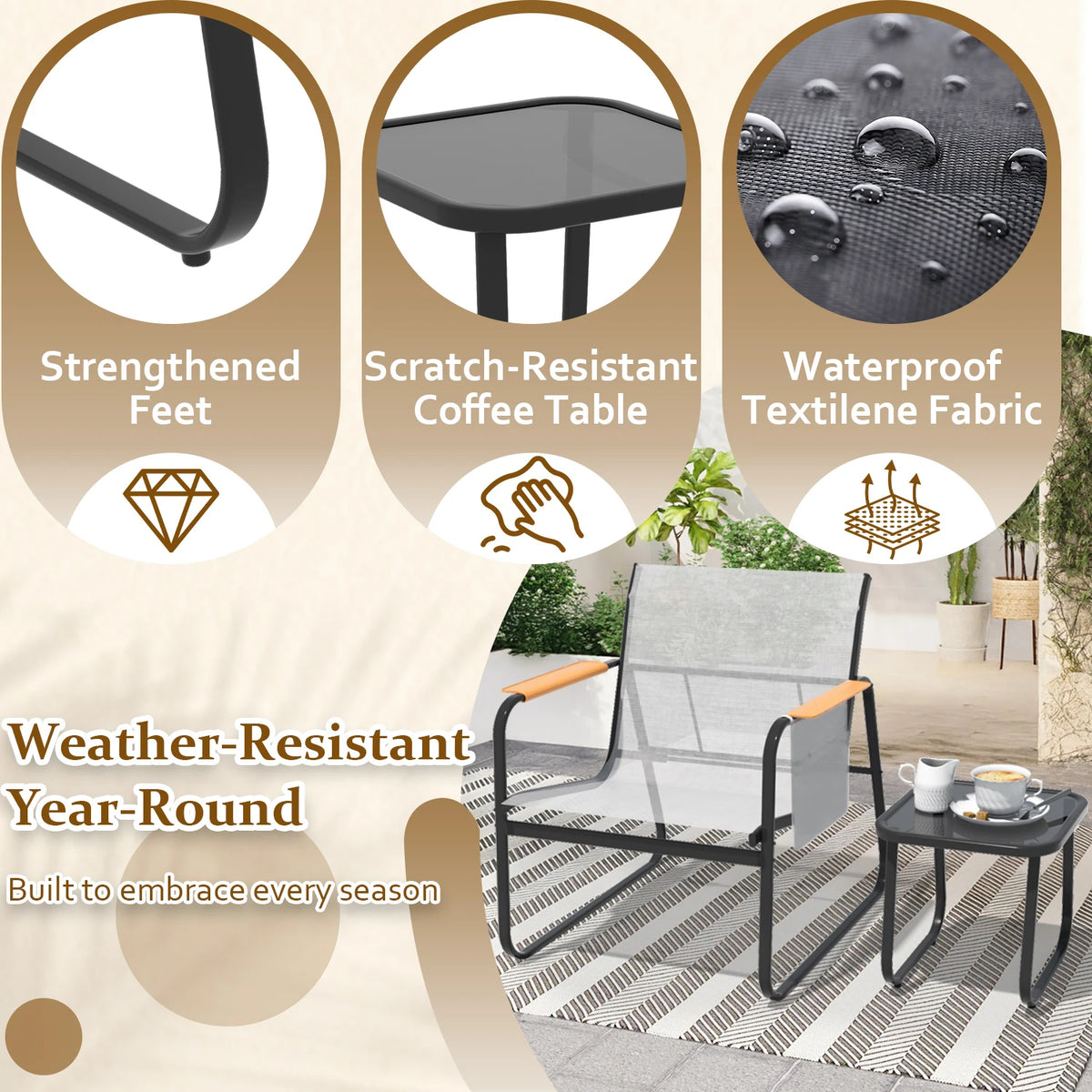 6-Piece Textilene Patio Conversation Set, Outdoor Chairs with Wide Armrests &amp; Side Storage Pockets, 2 Glass Top Side Tables, Weather Resistant Metal Frame for Backyard Poolside Garden Deck
