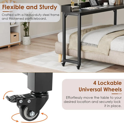 Overbed Table with Wheels,Queen Full Size Mobile Computer Desk,Standing Laptop Cart,Over Bed Table with Heavy Duty Metal Leg,16D x 71W x 41H inch,for Bedroom