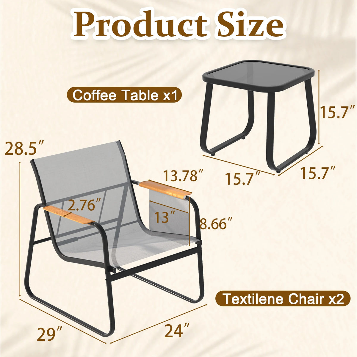 6-Piece Textilene Patio Conversation Set, Outdoor Chairs with Wide Armrests &amp; Side Storage Pockets, 2 Glass Top Side Tables, Weather Resistant Metal Frame for Backyard Poolside Garden Deck