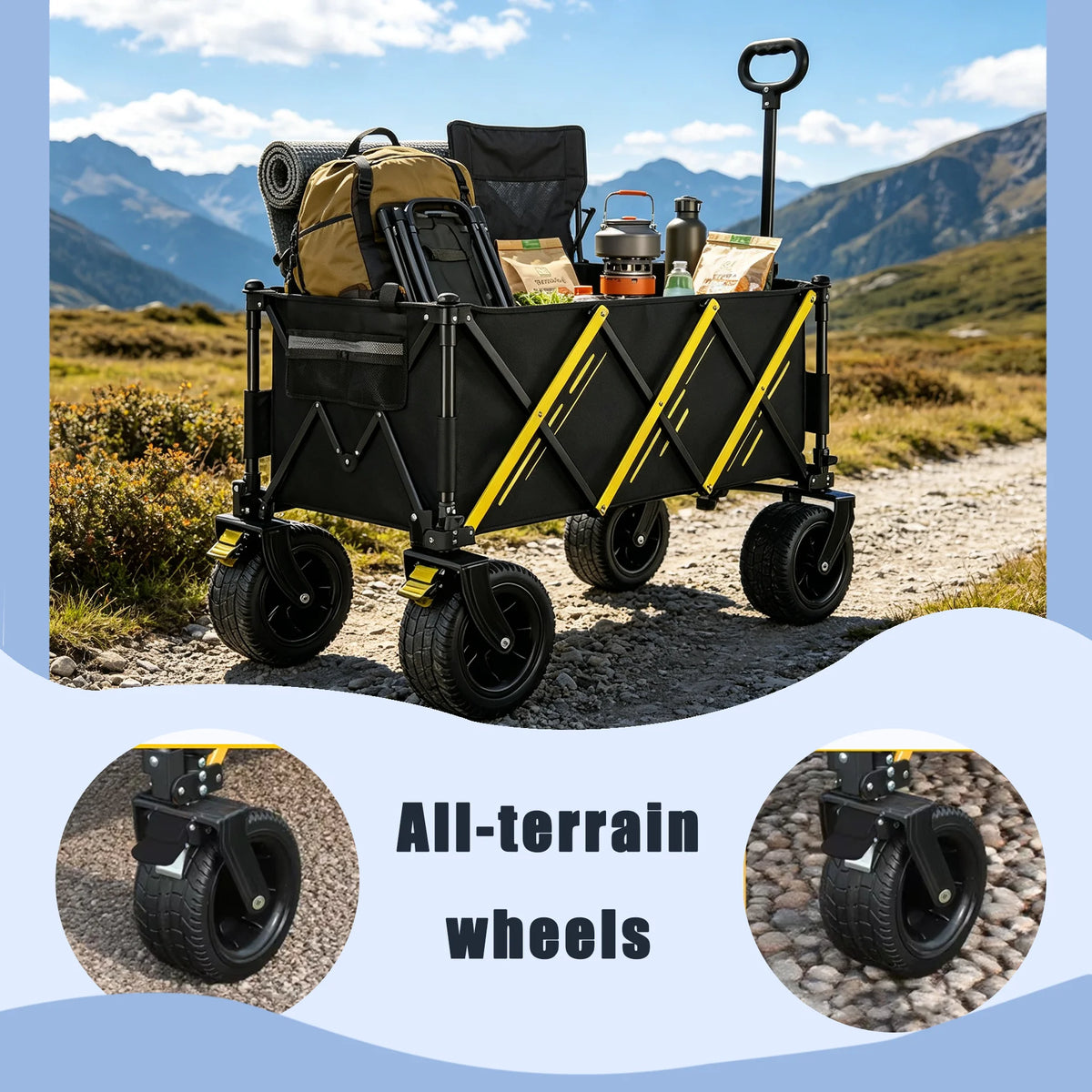 Foldable Utility Wagon Cart, Collapsible All‑Terrain Hand Wagon, Portable Heavy‑Duty Grocery Shopping Cart for Beach Camping Picnic Garden Outdoor Travel