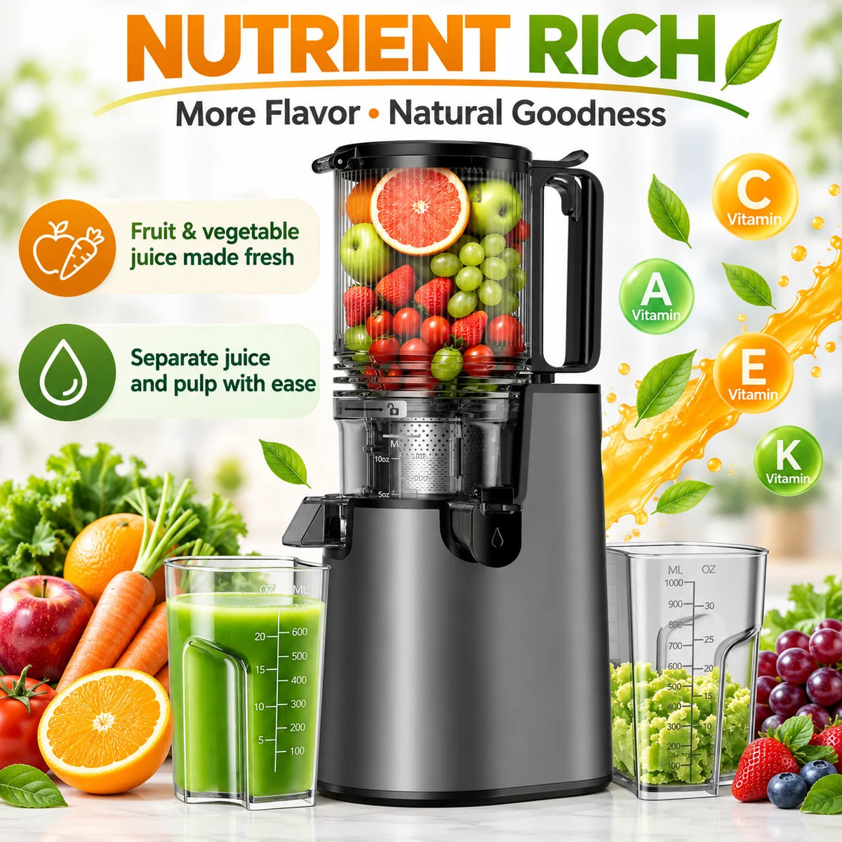 5.4" Large Feed Chute Slow Masticating Juicer, 350W Cold Press Juicer Machines for Whole Fruits &amp; Veggies, 50RPM Quiet Juicer Extractor, Easy to Clean, 2 Color Options, BPA-Free for Home Fresh Juice
