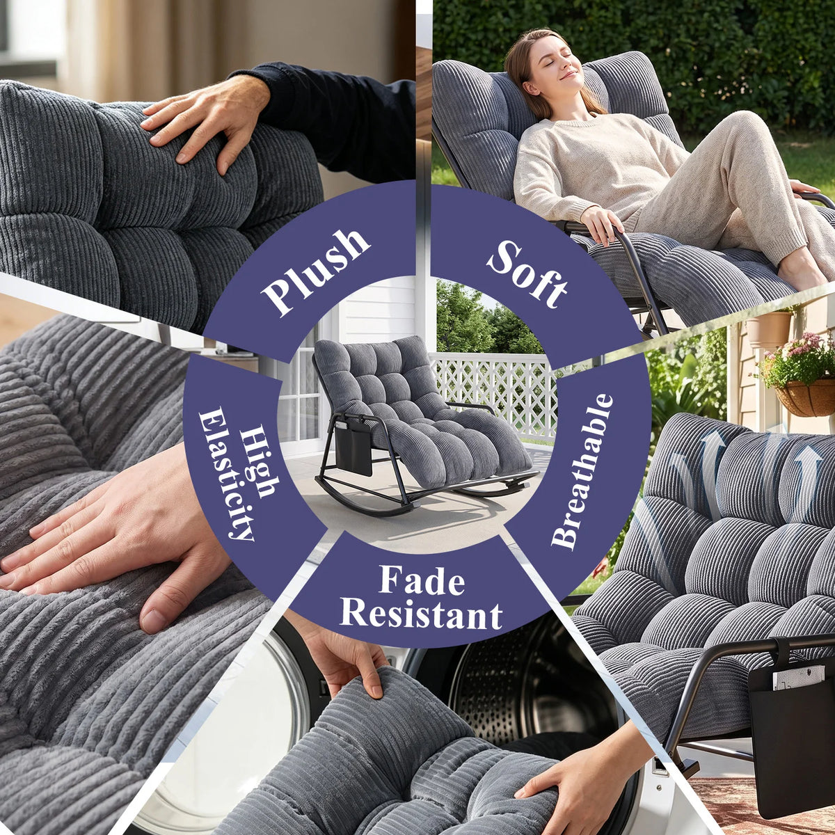 Oversized Long Cushion Rocking Chair with Low Armrest and Fixed Crossbar Footrest, Daily Leisure Patio Furniture, Multi-scene Outdoor Furniture, Practical Outdoor Patio Furniture Set