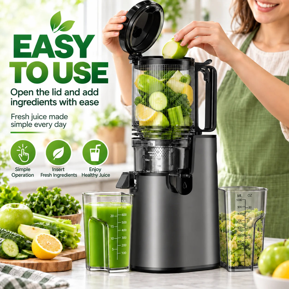 5.4" Large Feed Chute Slow Masticating Juicer, 350W Cold Press Juicer Machines for Whole Fruits &amp; Veggies, 50RPM Quiet Juicer Extractor, Easy to Clean, 2 Color Options, BPA-Free for Home Fresh Juice
