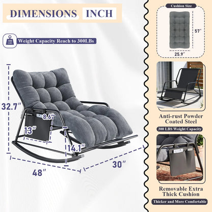 Oversized Long Cushion Rocking Chair with Low Armrest and Fixed Crossbar Footrest, Daily Leisure Patio Furniture, Multi-scene Outdoor Furniture, Practical Outdoor Patio Furniture Set