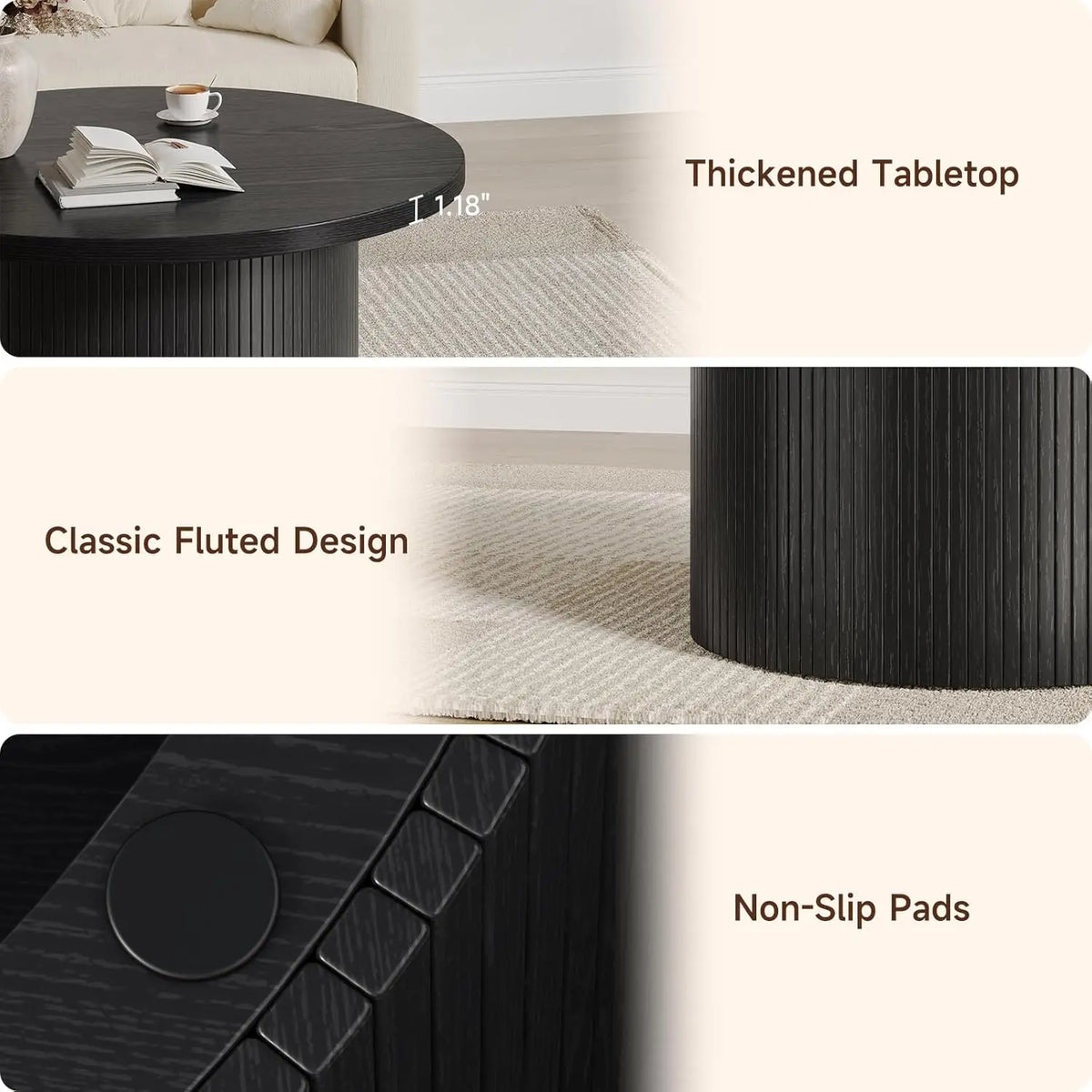 ONBRILL Modern Round Coffee Table With Fluted Tambour Drum Design
