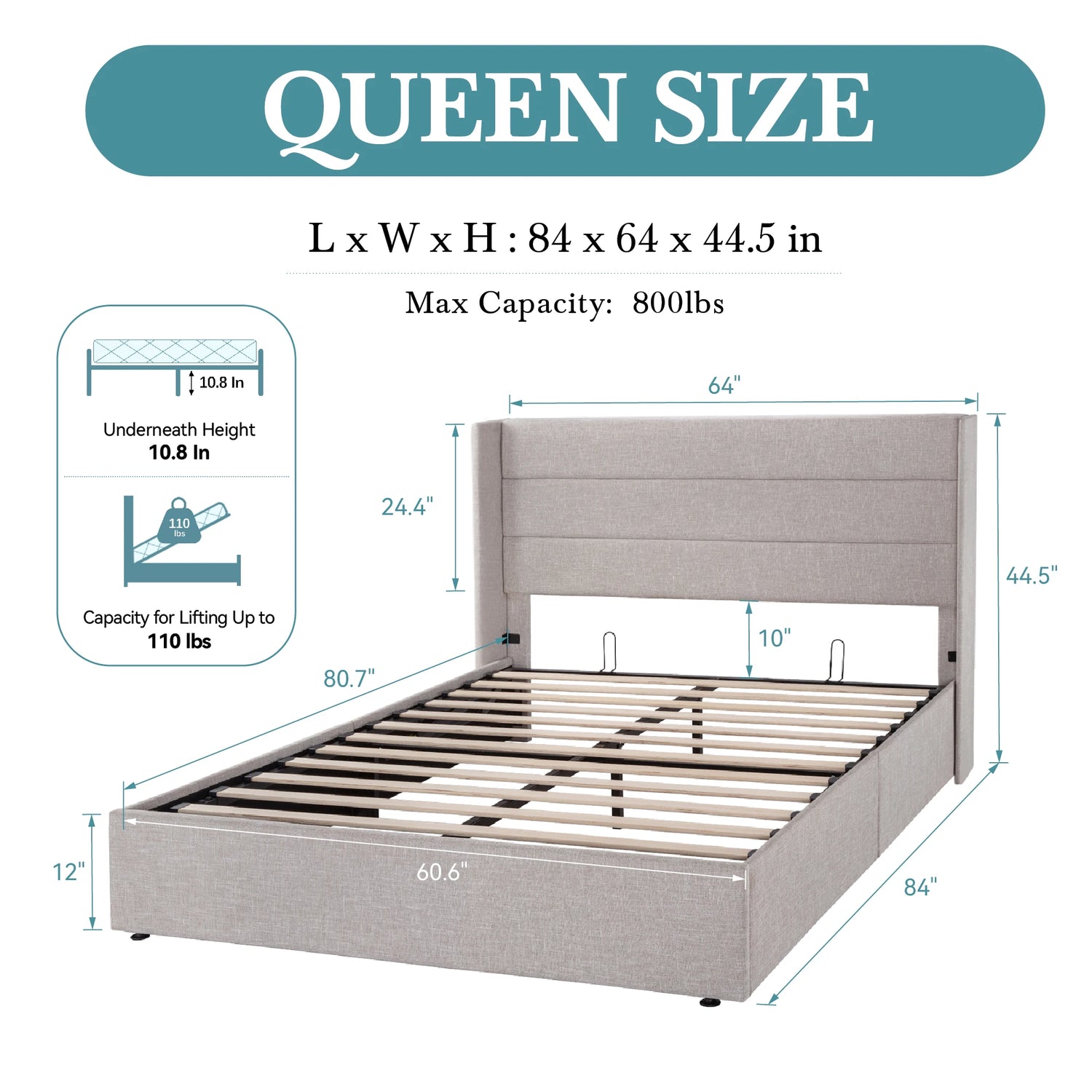 HOOMIC Lift Up Storage Bed With Wingback Headboard Hydraulic Lift