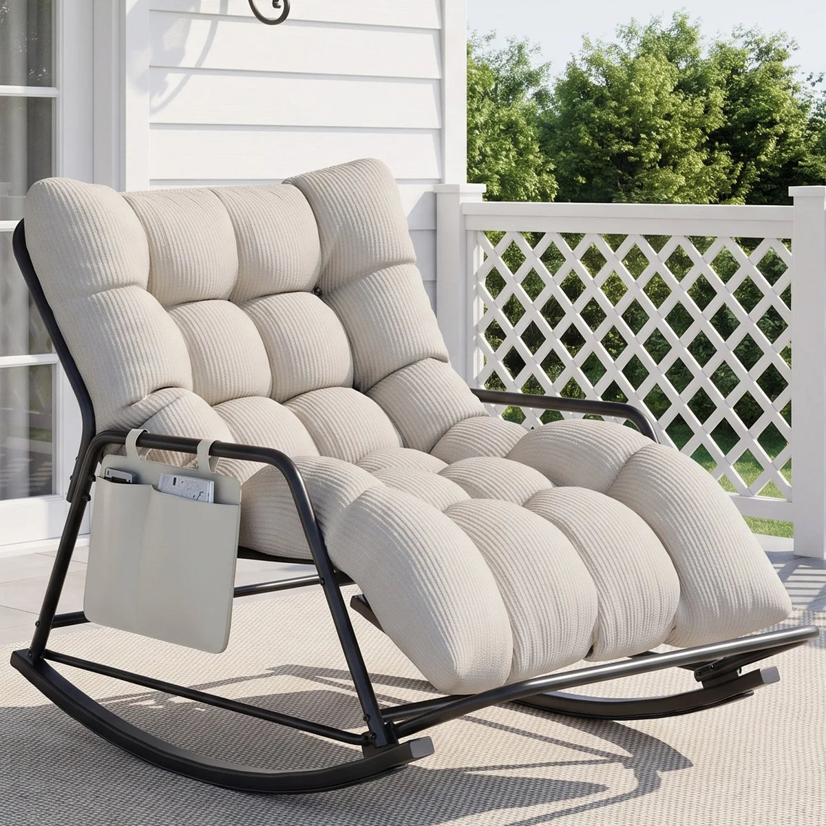 Oversized Long Cushion Rocking Chair with Low Armrest and Fixed Crossbar Footrest, Daily Leisure Patio Furniture, Multi-scene Outdoor Furniture, Practical Outdoor Patio Furniture Set