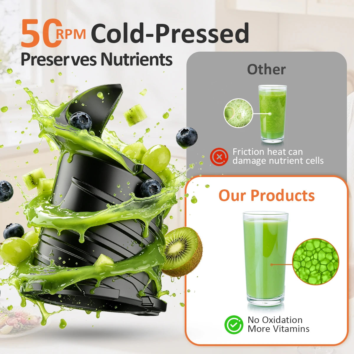 5.4" Large Feed Chute Slow Masticating Juicer, 350W Cold Press Juicer Machines for Whole Fruits &amp; Veggies, 50RPM Quiet Juicer Extractor, Easy to Clean, 2 Color Options, BPA-Free for Home Fresh Juice