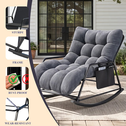 Oversized Long Cushion Rocking Chair with Low Armrest and Fixed Crossbar Footrest, Daily Leisure Patio Furniture, Multi-scene Outdoor Furniture, Practical Outdoor Patio Furniture Set