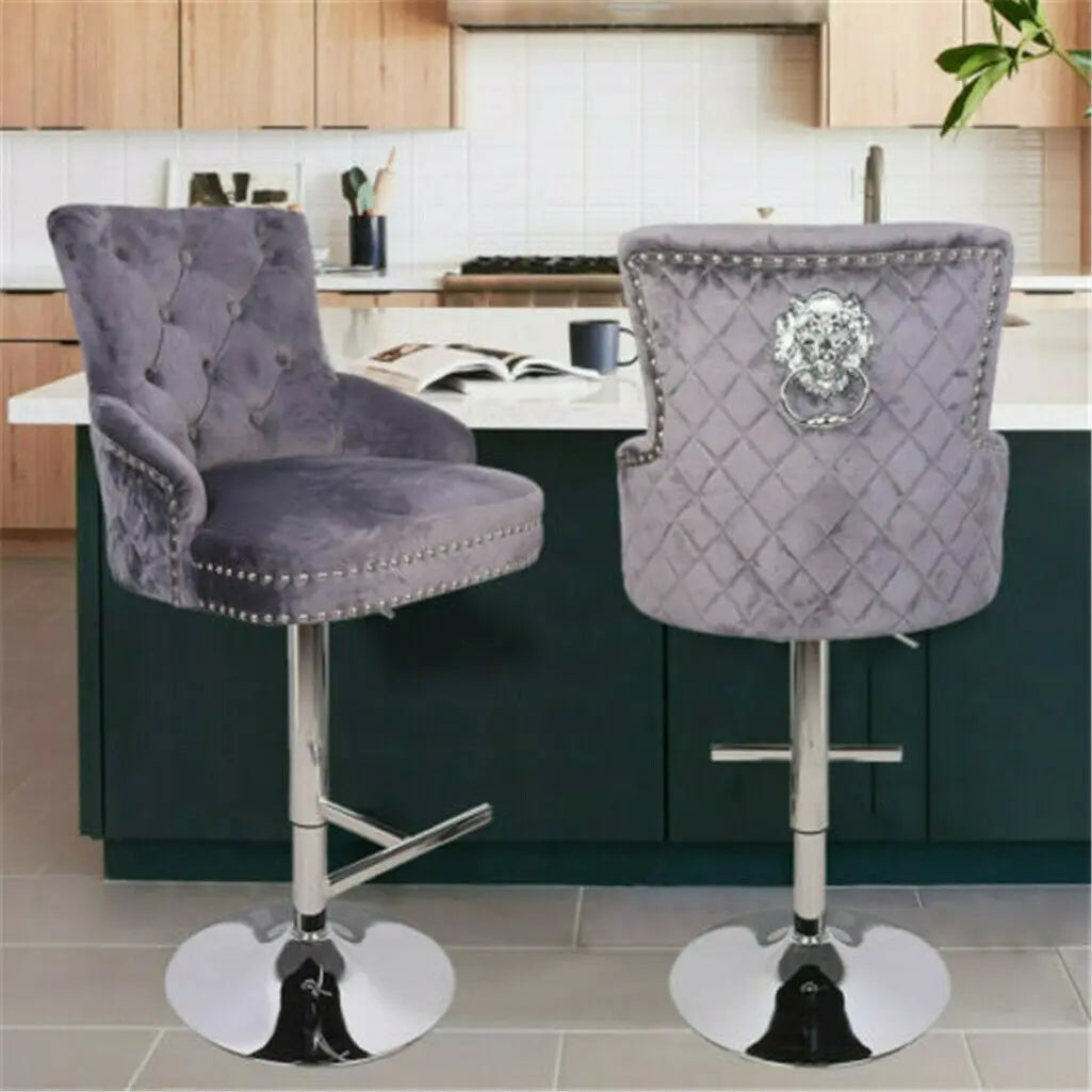 Luxury Black Velvet Swivel Bar Stool with Lion Knocker &amp; Cross stitch High Back