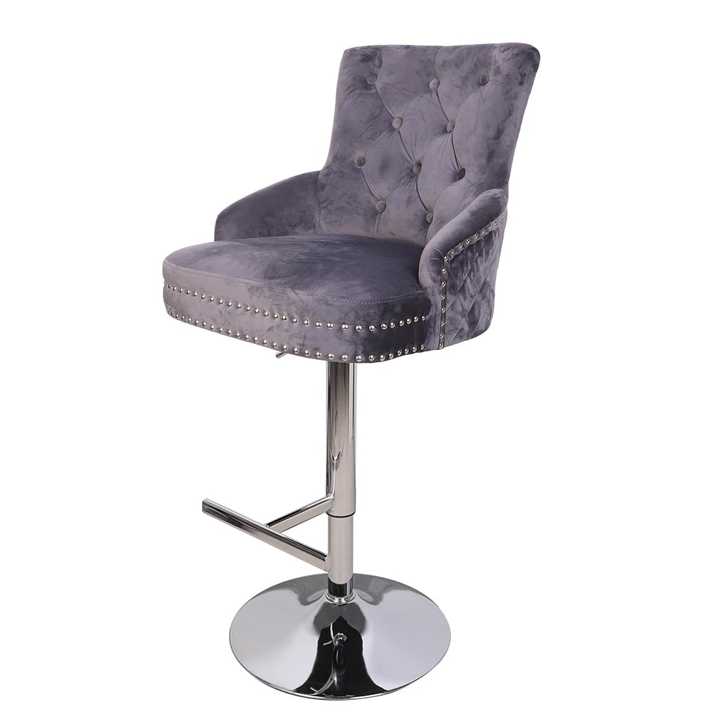 Luxury Black Velvet Swivel Bar Stool with Lion Knocker &amp; Cross stitch High Back