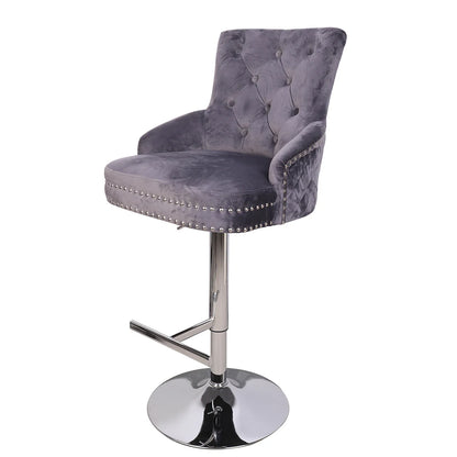 Luxury Black Velvet Swivel Bar Stool with Lion Knocker &amp; Cross stitch High Back