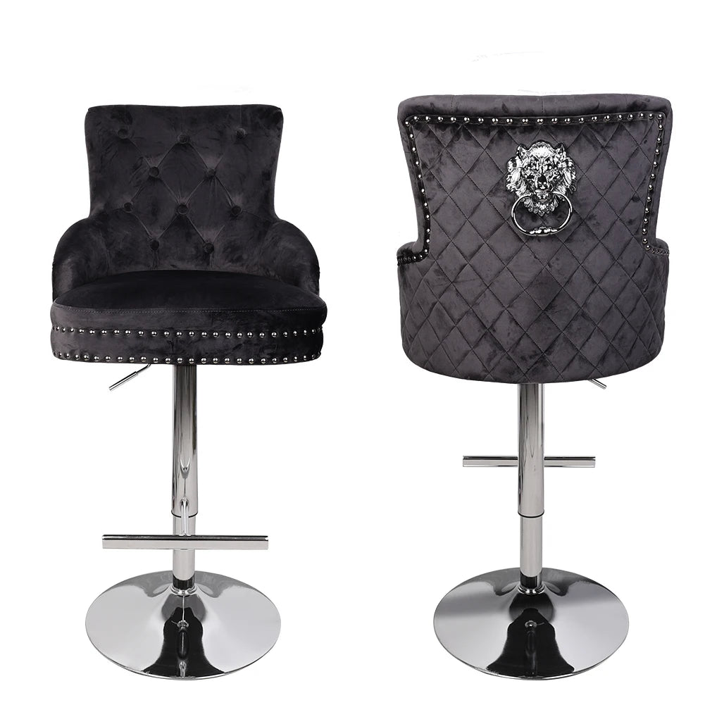 Luxury Black Velvet Swivel Bar Stool with Lion Knocker &amp; Cross stitch High Back