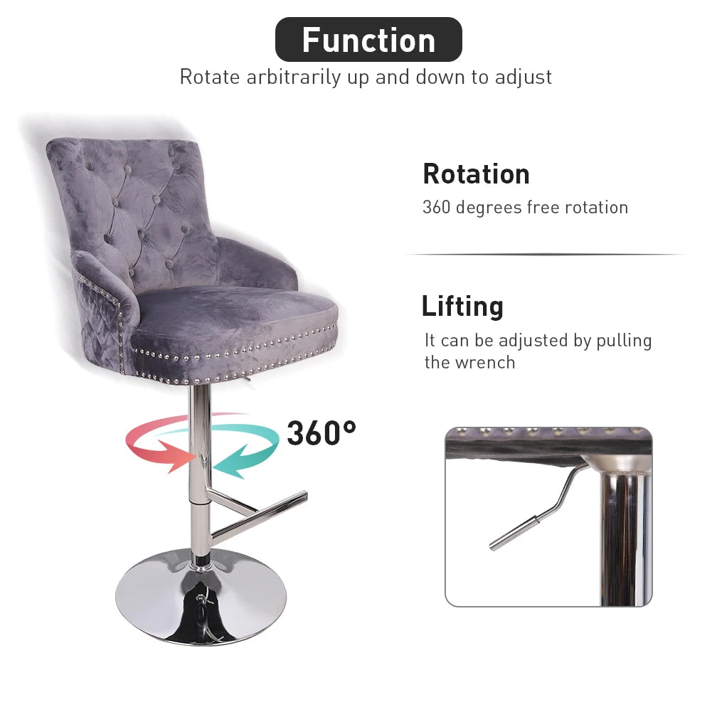 Luxury Black Velvet Swivel Bar Stool with Lion Knocker &amp; Cross stitch High Back