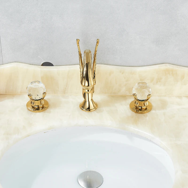Rozin Gold Swan Basin Faucet Luxury Deck Mounted Dual Crystal Handle Bathroom Mixer Tap Cold and Hot Water Mixer Faucet